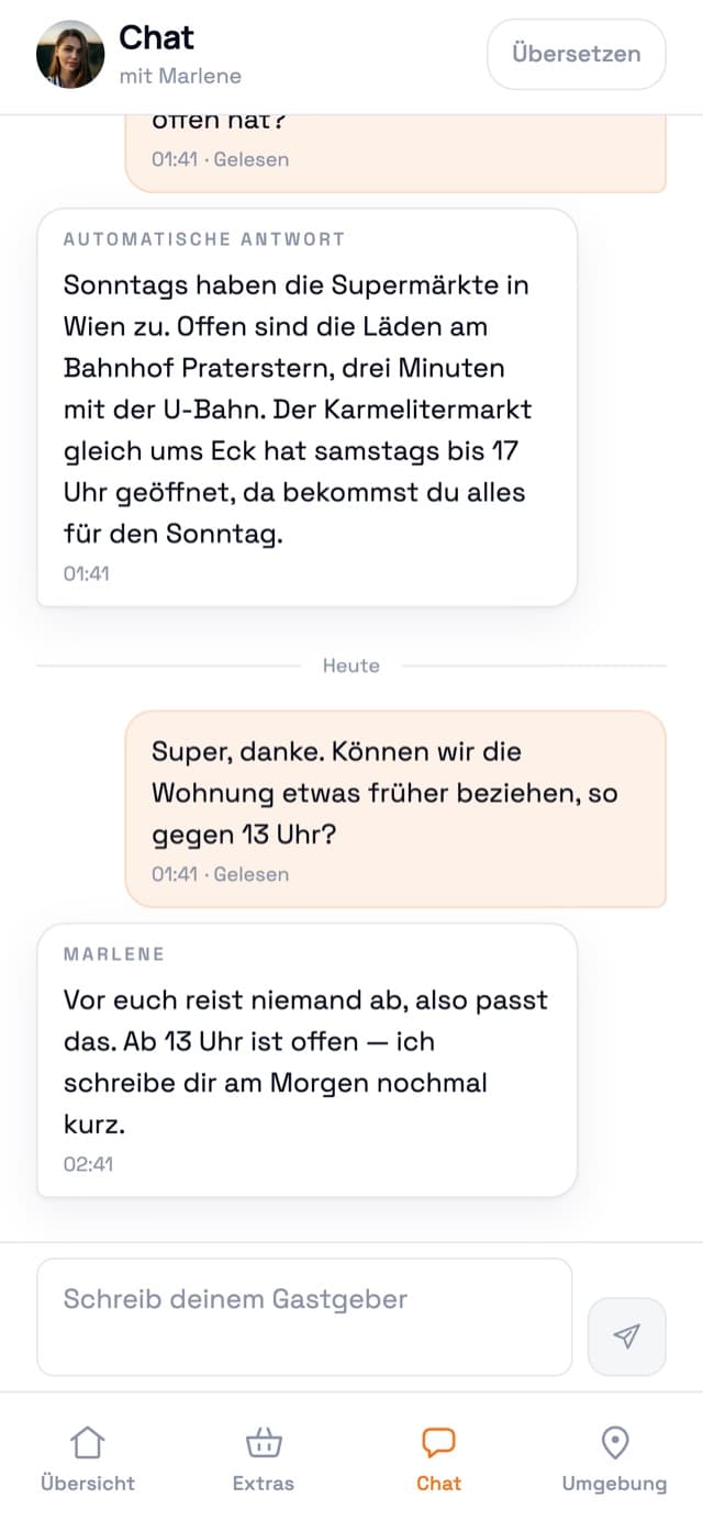 Gäste-App, Chat: automatische Antwort und Antwort der Gastgeberin