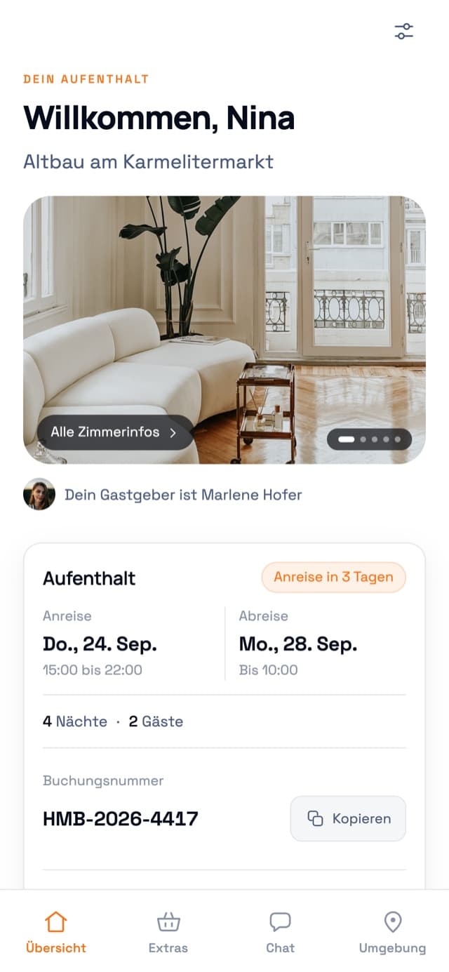 Gäste-App, Übersicht: Aufenthalt, Gastgeberin und Buchungsnummer
